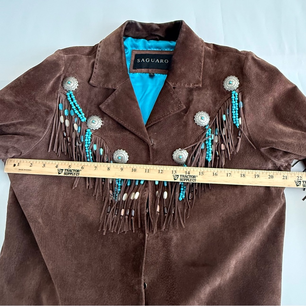 Vintage SAGUARO Brown Suede Leather Beaded Fringe Cowboy Western Jacket Size L - Picture 8 of 16